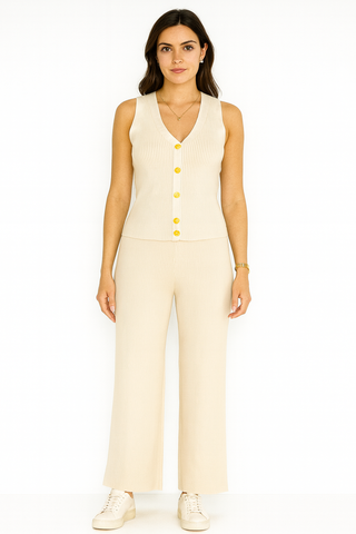 V-Neck, Button Through, Elasticated Waist, Viscose Knitted, Ribbed Wide Leg Two Piece Waistcoat Se