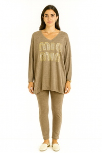 V Neck, High Low, Viscose Knitted, Elasticated Waist, Two Piece Legging Set.