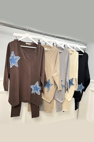 V neck star denim patch detailed , soft knit two piece set