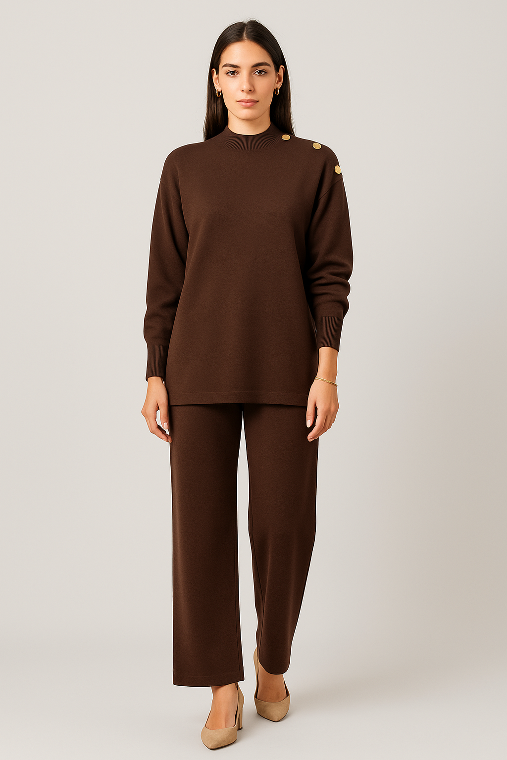 high neck , long-sleeved Co Ords Set with button details on Shoulder