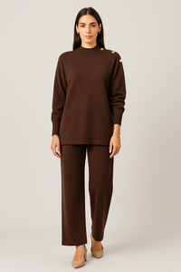 high neck , long-sleeved Co Ords Set with button details on Shoulder