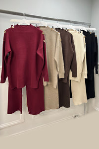 high neck , long-sleeved Co Ords Set with button details on Shoulder