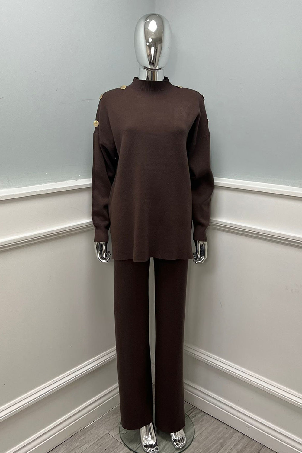 high neck , long-sleeved Co Ords Set with button details on Shoulder