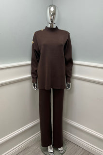 high neck , long-sleeved Co Ords Set with button details on Shoulder