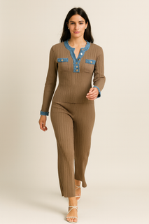 Denim-Trim Ribbed Co-Ord Set with Gold-tone button details