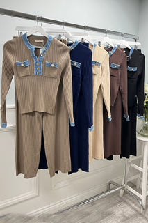 Denim Trim & Golden Button Detailed, Elasticated Waist, Ribbed Wide Leg Two Piece Set