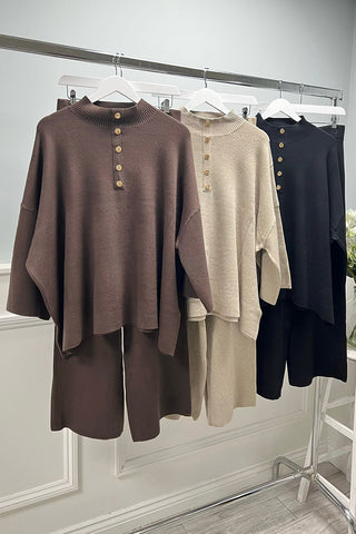 High Neck, Golden Button Deatiled, Elasticated Waist, Wide Leg Two Piece Set