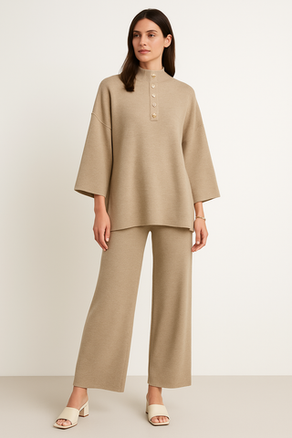 High Neck, Golden Button Deatiled, Elasticated Waist, Wide Leg Two Piece Set