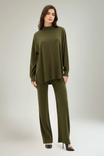 High Neck, Side Split Hem, Elasticated Waist, Viscose & Polymide Knitted, Wide Leg Two Piece Set