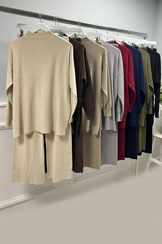 High Neck, Side Split Hem, Elasticated Waist, Viscose & Polymide Knitted, Wide Leg Two Piece Set