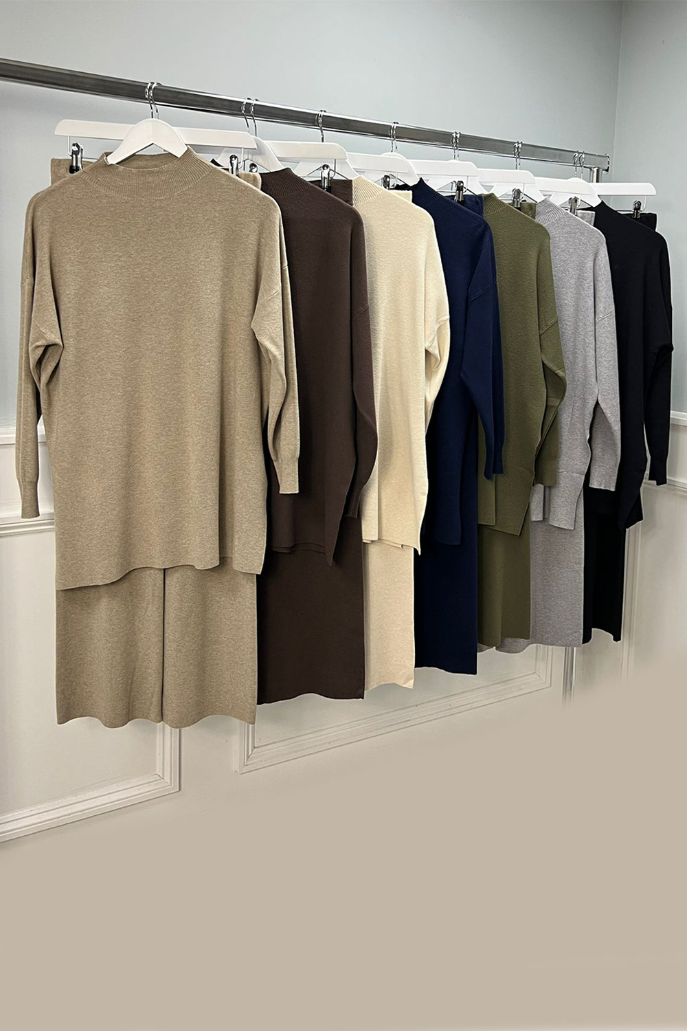 High Neck, Side Split Hem, Elasticated Waist, Viscose & Polymide Knitted, Wide Leg Two Piece Set