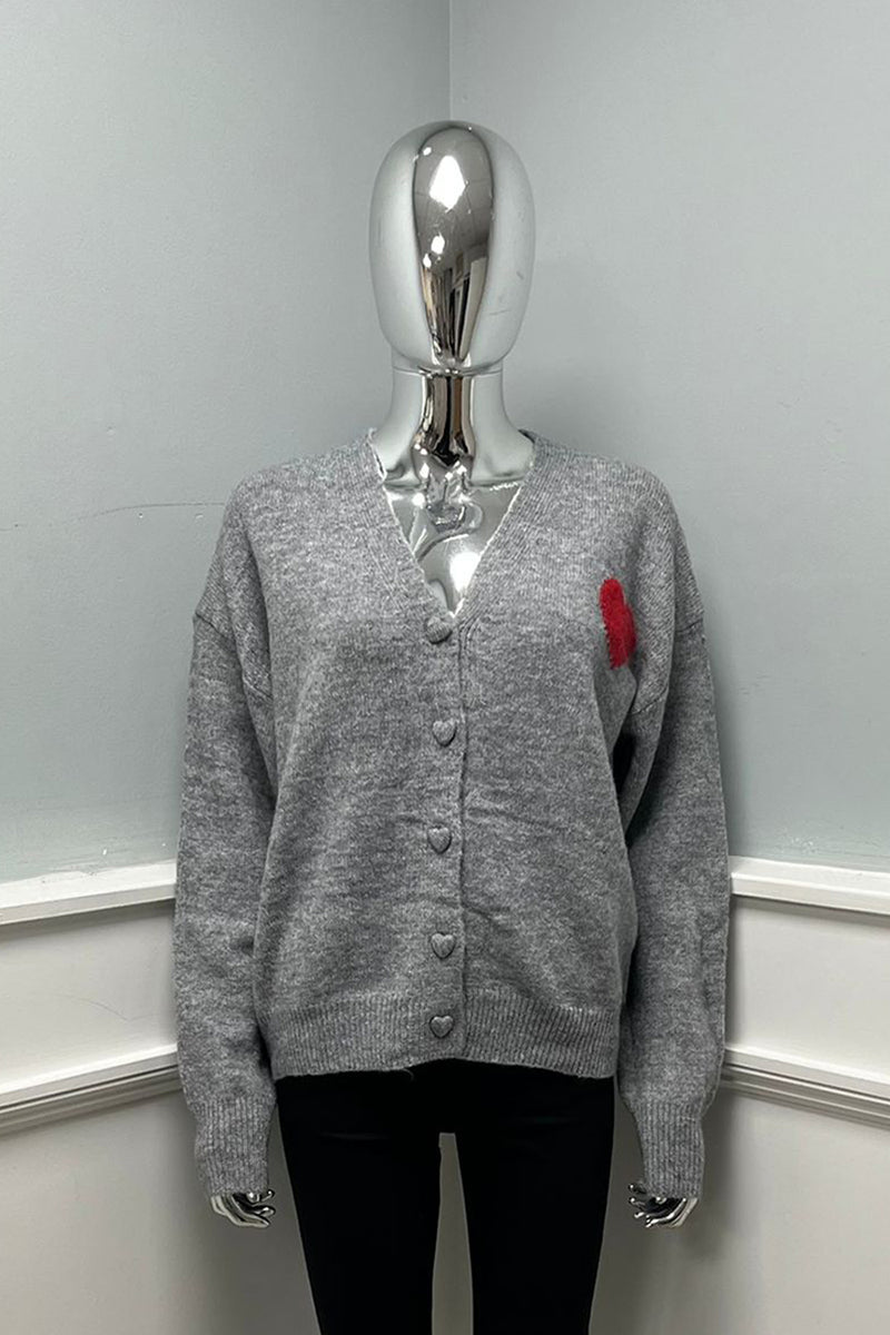 V-neck and button-down front cardigan with a red heart patch