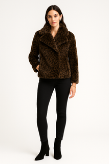 Leopard-print faux fur jacket with wide, notched collar