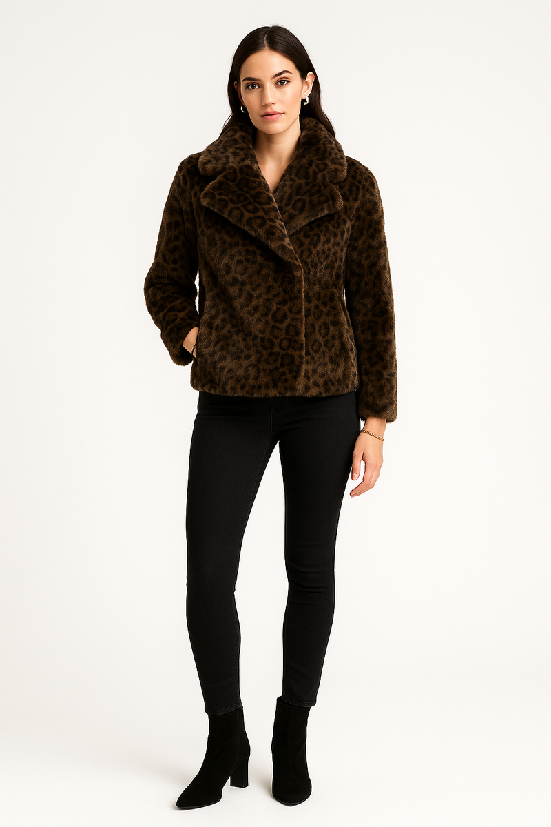 Leopard-print faux fur jacket with wide, notched collar