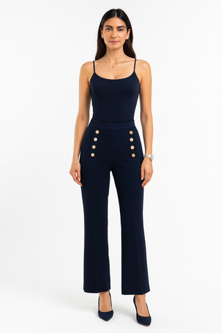 Elasticated Waist, Button Detailed, Stretchy Wide Leg Trouser.