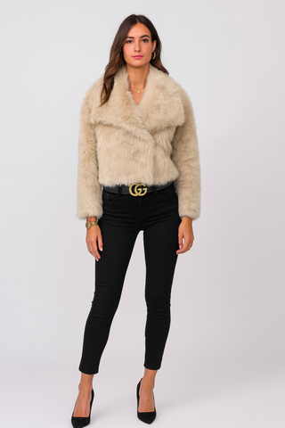 faux fur jackets with a wide lapel collar and cozy fit