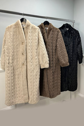 Long Faux Fur Coat – Chocolate Brown Description: cable-knit-inspired texture, a notched lapel collar