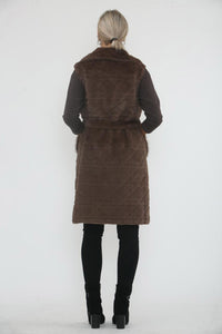 Quilted Faux Fur Belted Vest – Designed with a wide notched collar, self-tie belt.