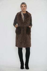 Quilted Faux Fur Belted Vest – Designed with a wide notched collar, self-tie belt.