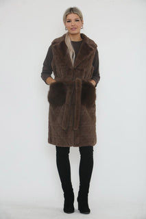 Quilted Faux Fur Belted Vest – Designed with a wide notched collar, self-tie belt.
