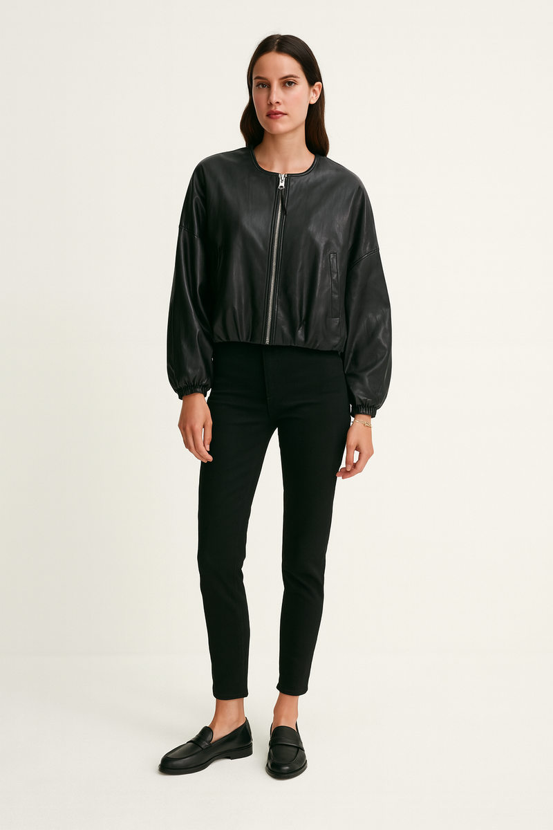 Faux leather zip-up bomber jacket