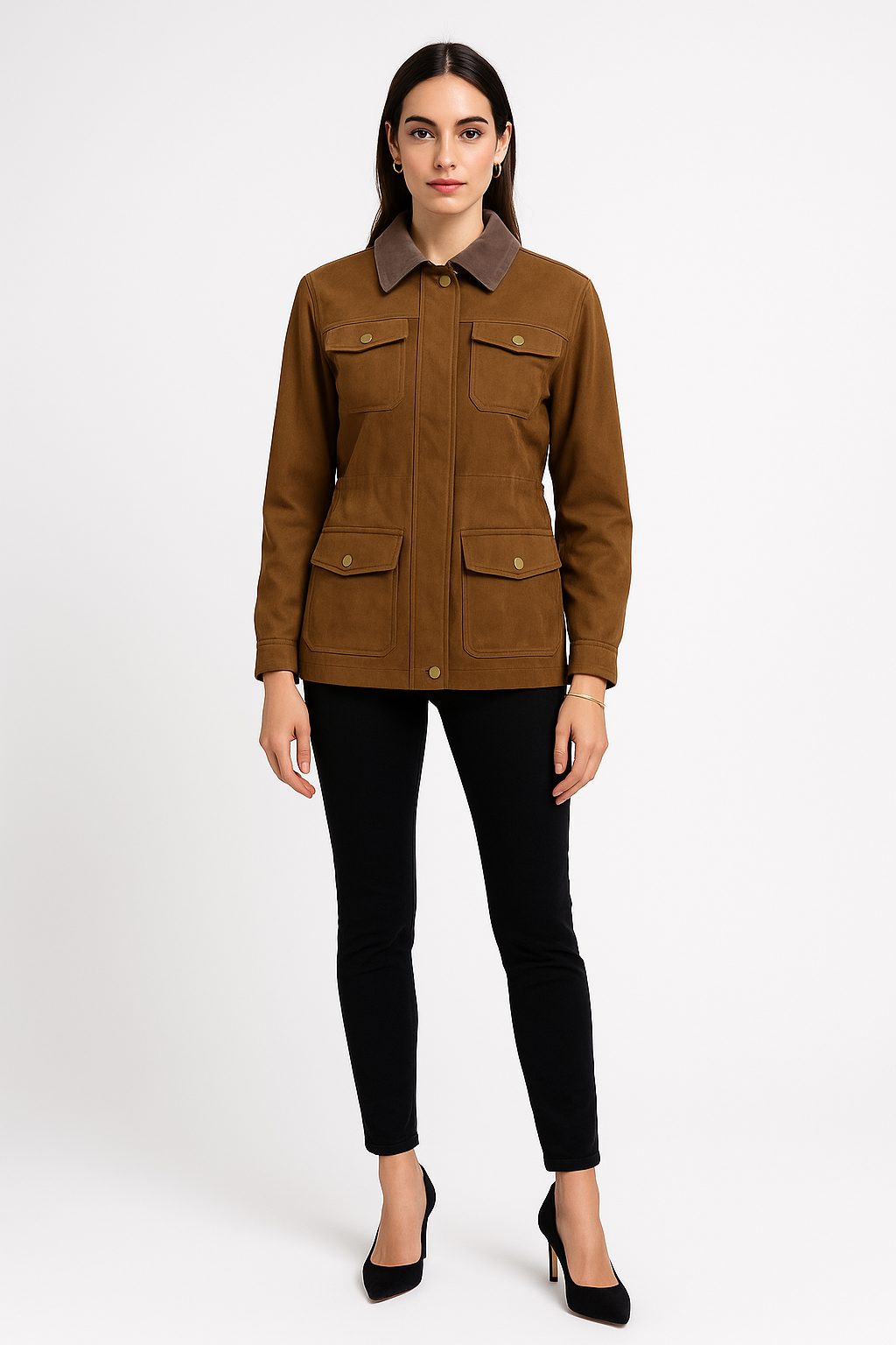 Soft suede Jackets with front flap pockets & gold-tone snap buttons