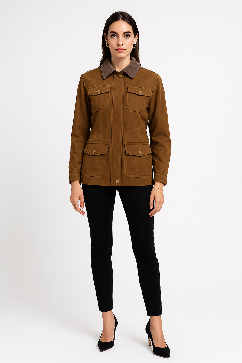Soft suede Jackets with front flap pockets & gold-tone snap buttons
