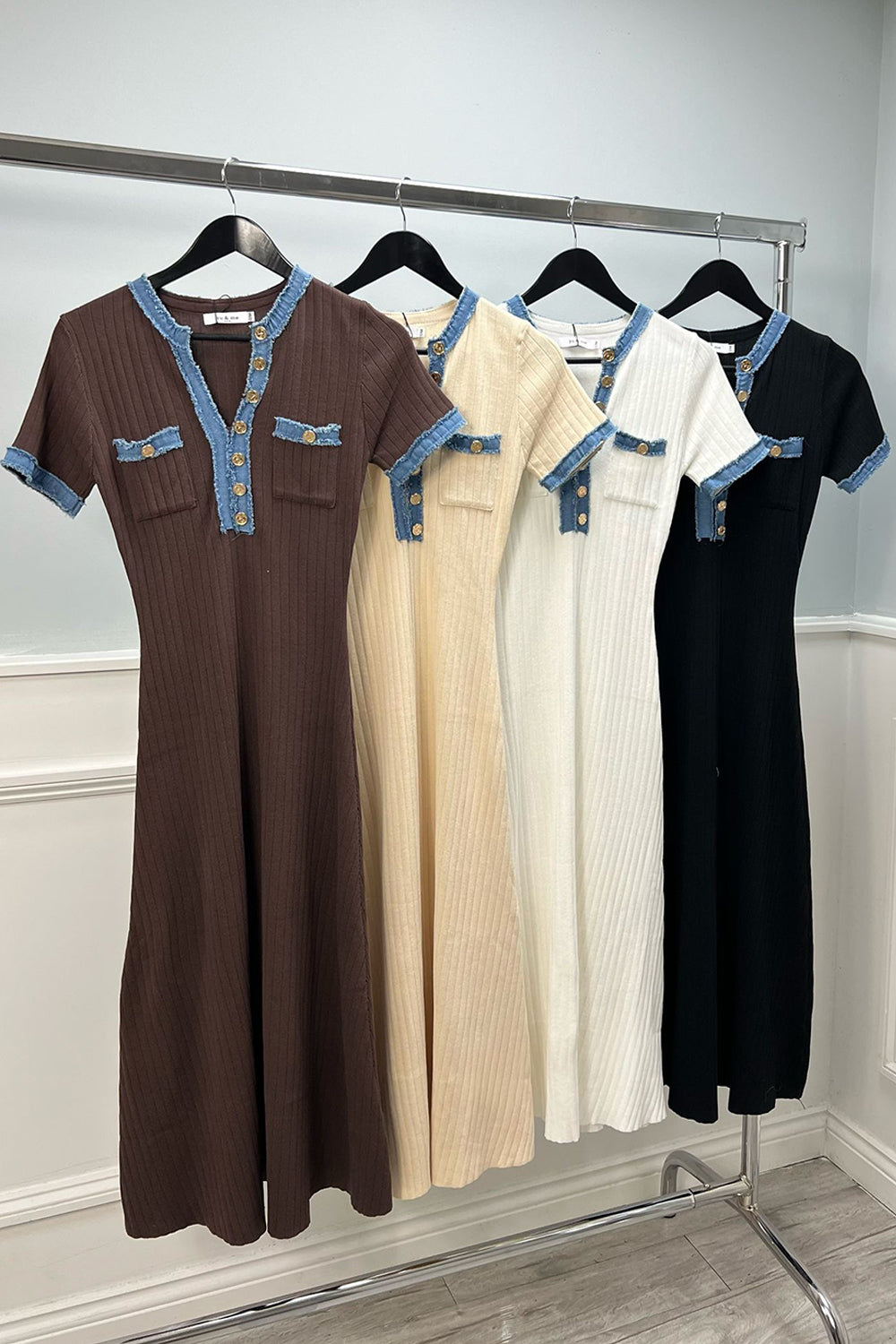 Denim Trim & Golden Button Detailed, Viscose & Nylon Knitted Ribbed Dress