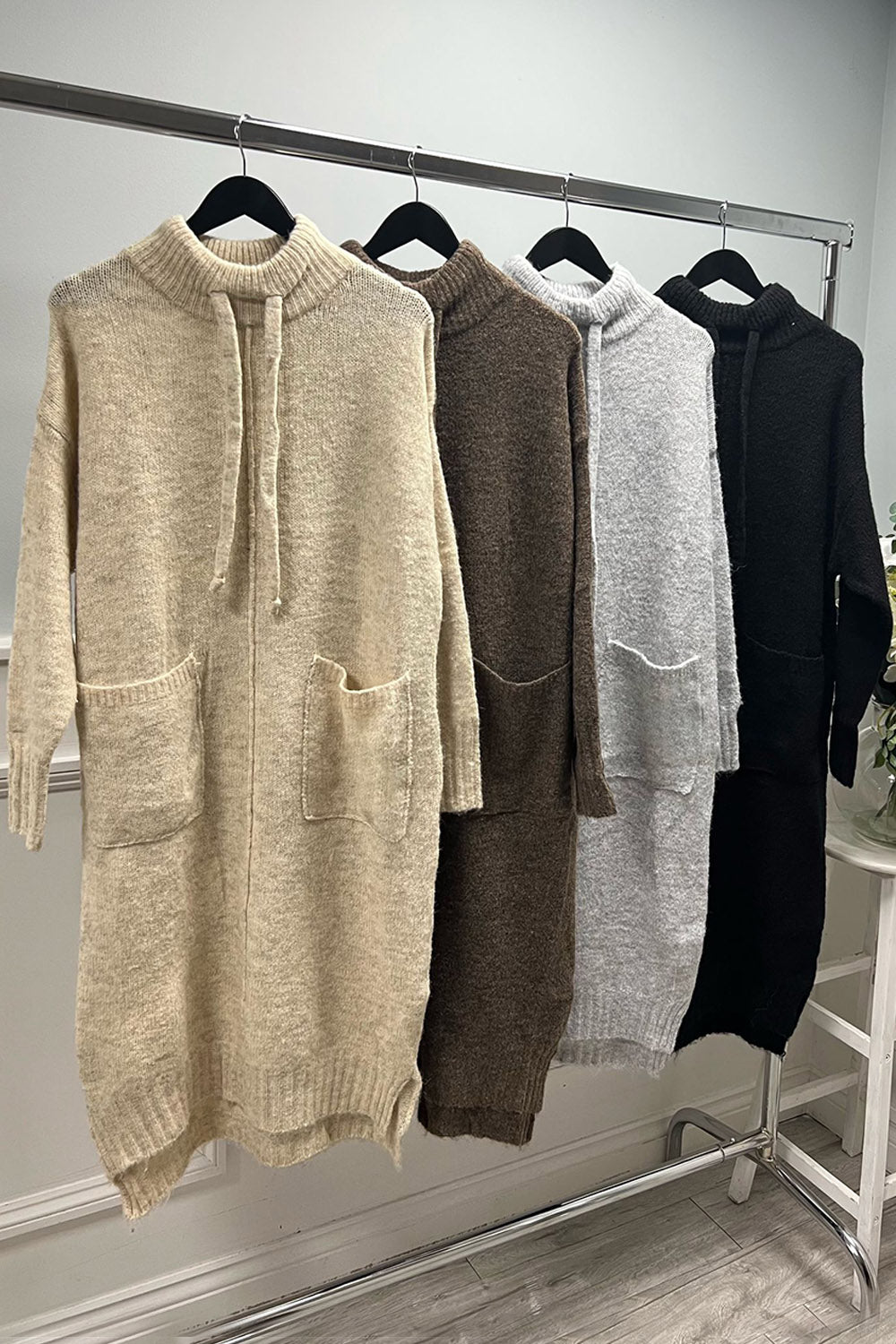 Long Sleeves knitted dresses with drawstring & two large front patch pockets