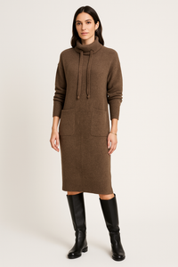 Long Sleeves knitted dresses with drawstring & two large front patch pockets
