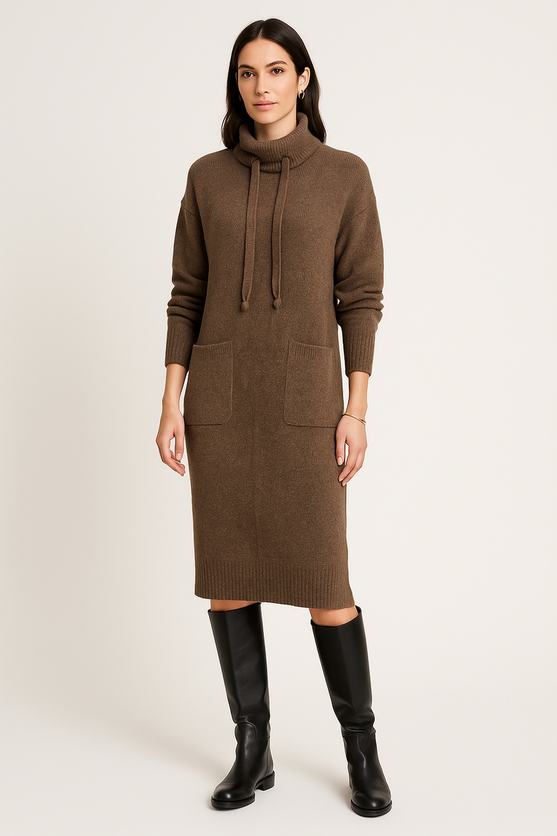 Long Sleeves knitted dresses with drawstring & two large front patch pockets