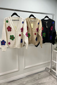 Sequin Floral Detailed, Lana Wool, Cotton & Acrylic Knitted Cardigan