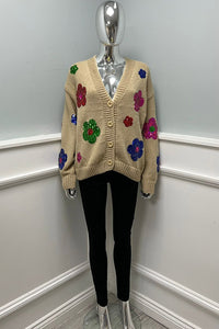 Sequin Floral Detailed, Lana Wool, Cotton & Acrylic Knitted Cardigan
