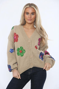 Sequin Floral Detailed, Lana Wool, Cotton & Acrylic Knitted Cardigan