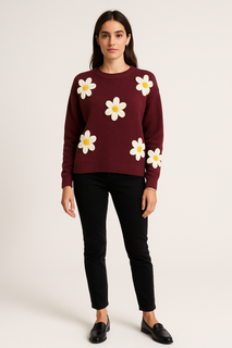 Round Neck, Floral Embroidery Detailed Knitted Jumper.