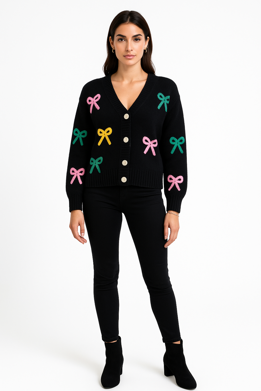 V-Neck, Button Through, Cotton, Lana Wool & Acrylic Contrast, Bow Detailed Cardigan