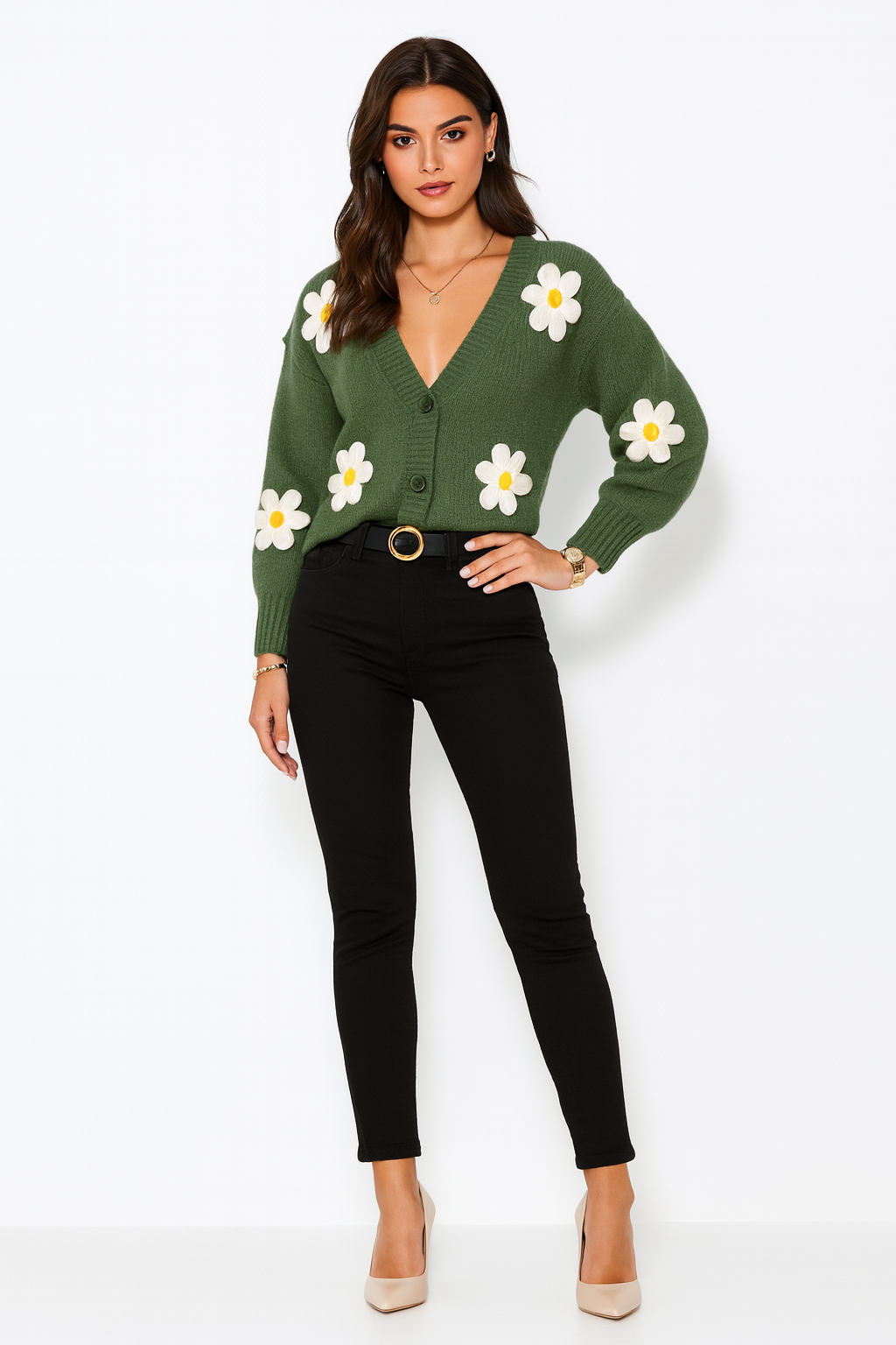 Cardigan – Cozy knit, playful floral details.