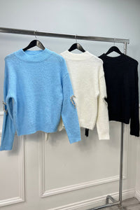 High Neck, Diamanté Studded Love Heart Sleeve Detailed, Lana Wool, Viscose & Cotton Knitted Jumper
