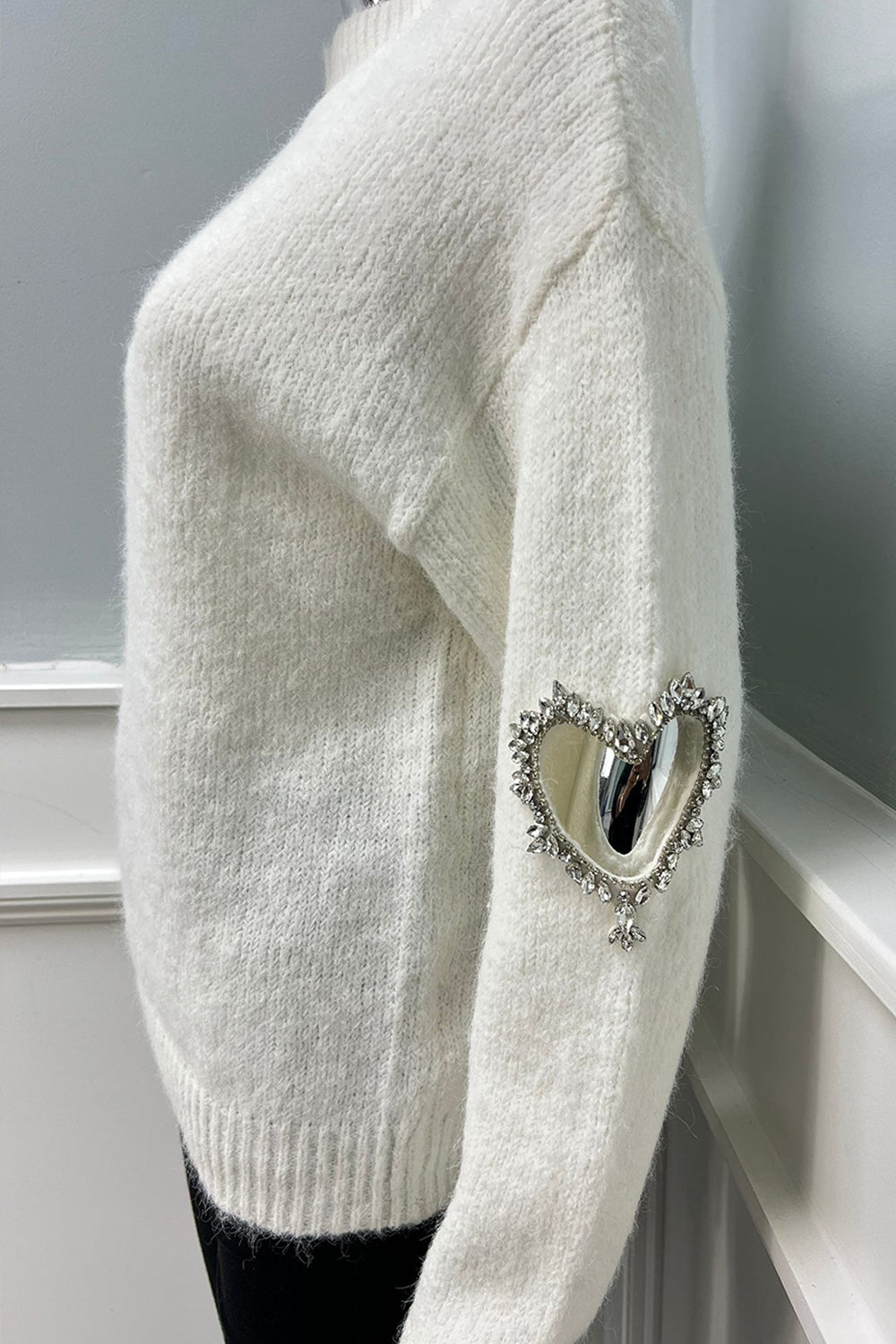 High Neck, Diamanté Studded Love Heart Sleeve Detailed, Lana Wool, Viscose & Cotton Knitted Jumper