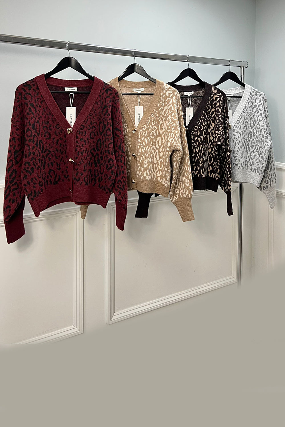 Leopard Print Cardigan, cozy knit texture.