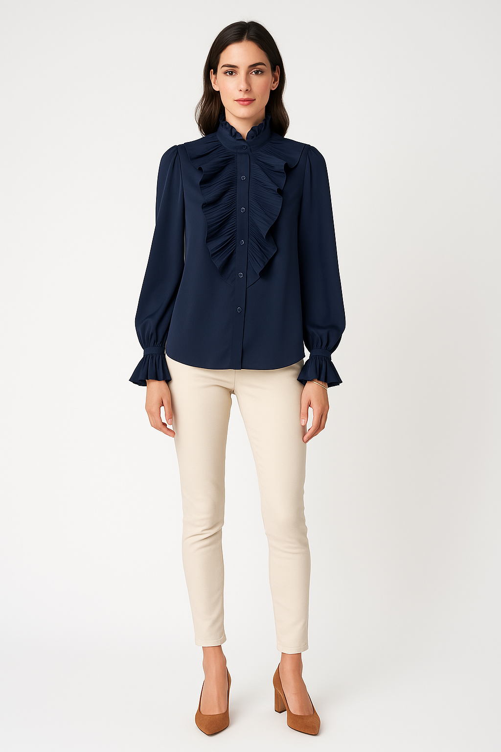 High Neck, Button Through, Frill Detailed, Elasticated Cuff Satin Top