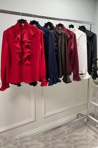 High Neck, Button Through, Frill Detailed, Elasticated Cuff Satin Top