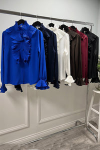 High Neck, Button Through, Frill Detailed, Elasticated Cuff Satin Top