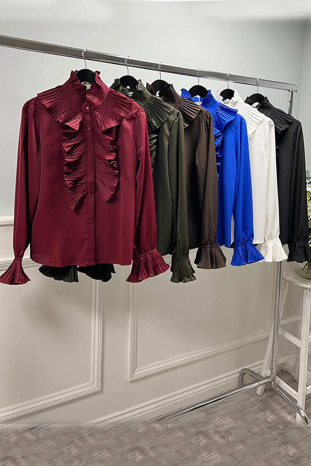 High Neck, Button Through, Frill Detailed, Elasticated Cuff Satin Top