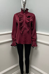 High Neck, Button Through, Frill Detailed, Elasticated Cuff Satin Top