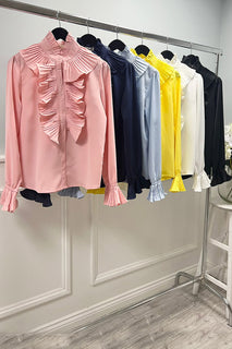 High Neck, Button Through, Frill Detailed, Elasticated Cuff Satin Top