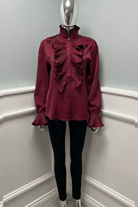 High Neck, Button Through, Frill Detailed, Elasticated Cuff Satin Top