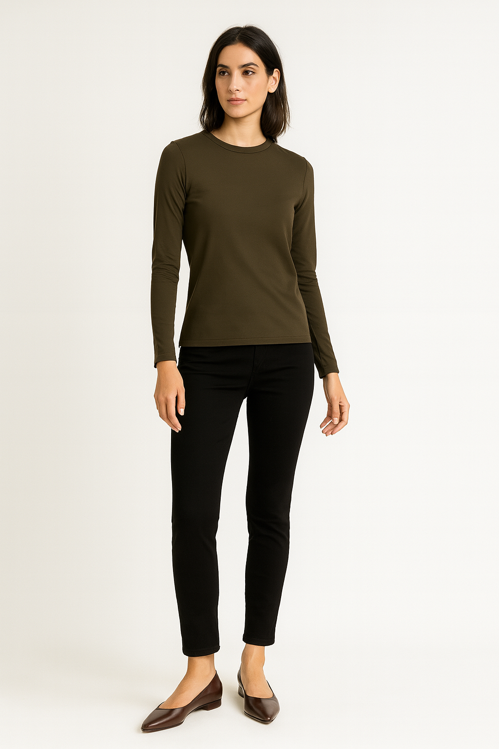 Crew Neck Long sleeves, fleece lined top with fitted silhouette