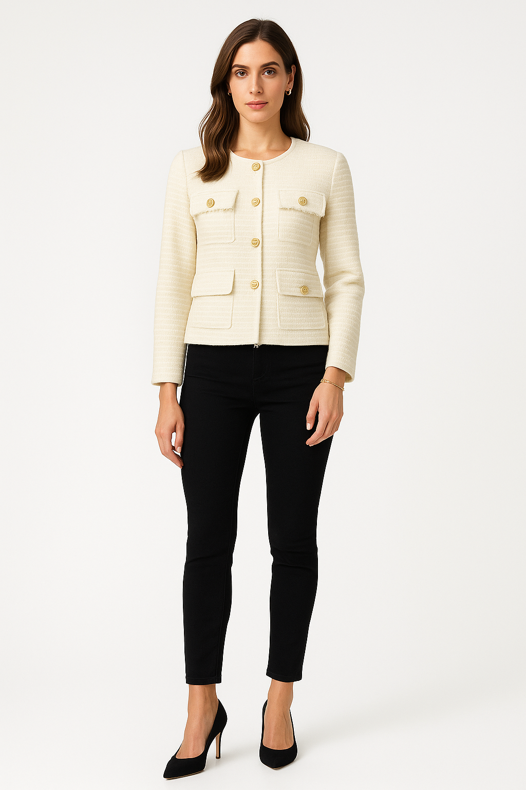 Round Neck textured button-front knit cardigans