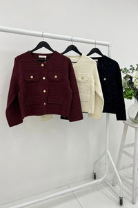 Round Neck textured button-front knit cardigans